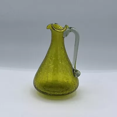Buy Vintage Small Mid Century Shattered Cracked Glass Green Pitcher Vase Clear Handl • 22.20£