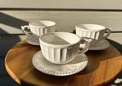 Buy American Atelier Athena White Ironstone Teacups And Saucers 5166-Set Of 3 • 17.01£