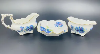 Buy HAMMERSLEY Cornflower Blue Creamer Oval Sugar Bowl Set Of 3 Bone China England • 51.88£