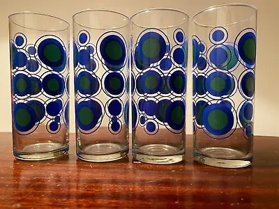 Buy 4 Vintage Glasses (1970's?) Blue And Green Circles • 20£
