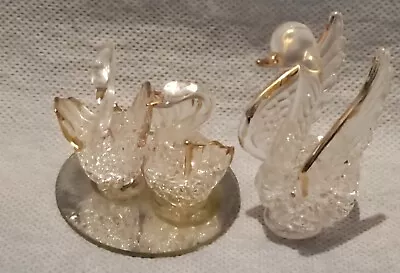 Buy Crystal Swan Figurines Ornament's Hand Blown Art Glass On Mirror With Gold Trim  • 16£