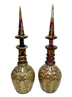 Buy  Pair Large Bohemian Art Glass & Enamel Hand Cut Persian Decanters, C1920  • 1,778.03£