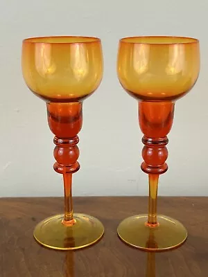 Buy VINTAGE 1960s Bright Orange Glass Candlesticks Pair 17cm • 25£