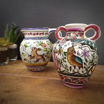 Buy Vintage Portuguese Pottery Small Bud Vase Set Jug Urn Hand Painted Bird Rabbit • 20£