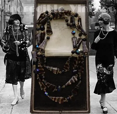 Buy Vintage Art Deco Venetian Czech Flapper Necklace Striped Satin Glass Beads 1950s • 75£