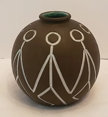 Buy MCM Vase Danish Artist Osterberg Stoneware Round Brown Tribal Figures • 178.15£