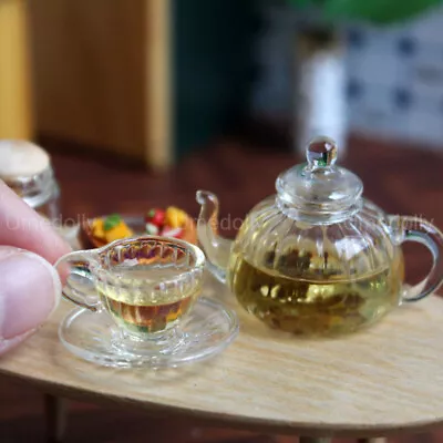 Buy 1/6 Scale Dolls House Miniatures Glass Teapot Mini Cup With Saucer Kitchenware • 10.19£
