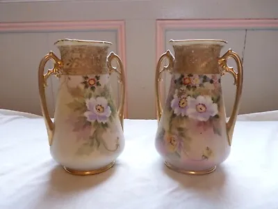 Buy Pair Of Vintage / Antique Noritake Vases With Handles, Gold, Flowers 18.cm Tall • 24.48£