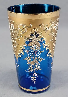 Buy Bohemian Moser Type Hand Enameled Floral & Gold Scrollwork Cobalt Juice Glass • 236.18£