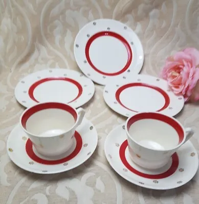 Buy Christmasy Red Gold Victoria Pottery Fenton 2 Trios + Side Plate 40s Part Set • 7£