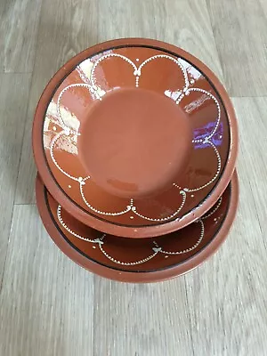 Buy 🌴2 X Vintage Portuguese Red Ware Bowls Hand Painted W/Slip Design & Glaze 21cm • 14£