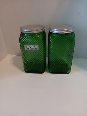 Buy 2 Vtg 1940's Owens Illinois Green Ribbed Glass 7  Canisters & Lids Jar SetCEREAL • 33.05£
