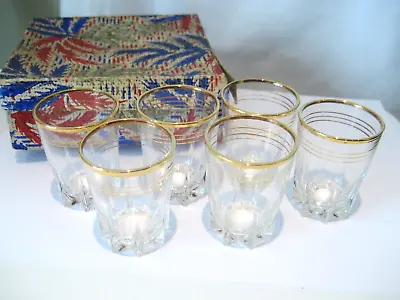 Buy Retro 1950's Small Aperatif Glasses, Gold Rings, Made In France. Original Box • 12£