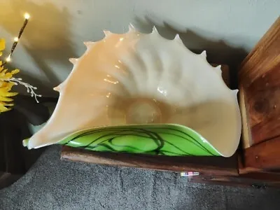 Buy Extra Large  Vintage Art Glass Green Shell Shape Folded Dish Studio Art Glass  • 41£