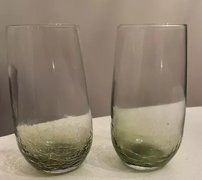 Buy 2 Pier 1 Olive Green Crackle Glass Tumblers Highball Blown Glass 6” Pair • 42.66£