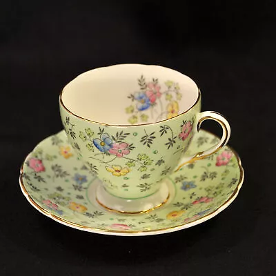 Buy E. Brain Foley Cup & Saucer Hand Painted Florals Green & Gold 1948-1963 England • 59.55£