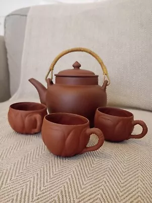 Buy Chinese  Red Clay Teapot With Bamboo Handle And 3 Cups • 30£