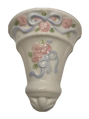 Buy Vtg Pink Blue Ribbon Floral Flower Holder Ceramic Wall Pocket 6  X 5  Home Decor • 17.21£