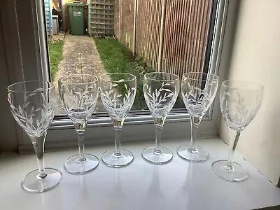Buy Vintage Set Of 6 Gleneagles Crystal  Aria  Leaf Pattern Cut Etched Wine Glasses • 29.99£