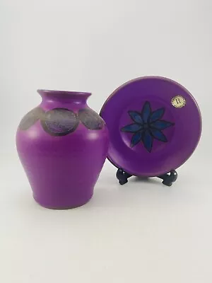Buy Vintage MCM Fosters Studio Pottery Redruth Cornwall Purple Vase And Dish - Retro • 35£