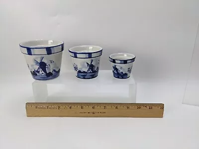 Buy (3) Delft Blue Hand Painted Flower Pots Set 3.5  3  & 2.25  Ceramic Handcrafted • 22.73£
