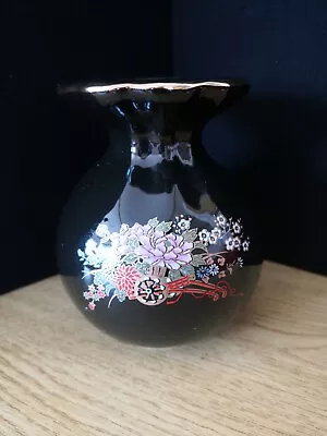 Buy Vase Pottery Black Glazed, Gold Trim Retro Oriental Flower Cart • 6£