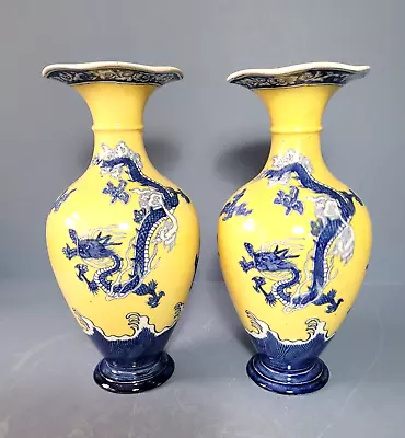 Buy Rare Pair Of Wedgwood Earthenware Blue And Yellow Dragon Vases,  9 Tall   C 1879 • 299£