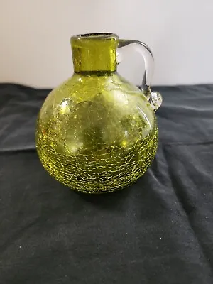 Buy 4.25   Inch Vintage Glass Mini Bud Vase/ Pitcher Olive Green Crackle Glass • 9.49£