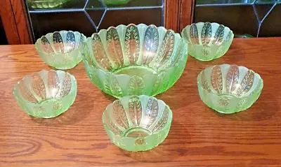 Buy Art Deco 1930s Green Glass Desert Bowl & 5 Desert Dishes • 39.95£