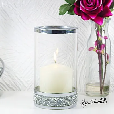 Buy Crushed Crystal Diamond Glass Candle Holder Silver Sparkling Hurricane Pillar • 13.90£
