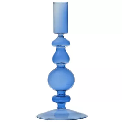 Buy Mid Blue Glass Candlestick | 19cm Tall | Retro Boho Style | Gisela Graham • 11.43£