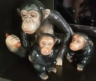 Buy VINTAGE SYLVAC POTTERY - 3  PORCELAIN CHIMPANZEE FIGURINES, One Large-Two Small • 47.25£