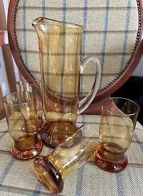 Buy Vintage Tall Amber Glass Pitcher Jug &  3 Glasses Hand Blown Glass Whitefriers ? • 14£
