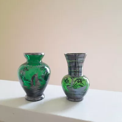 Buy 30's Art Deco Venetian Emerald Green Glass Bud Vases Silver Hand Painted Design • 25.50£