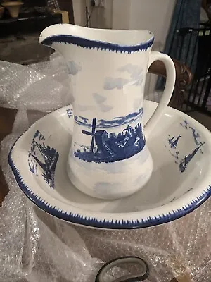 Buy RARE 16” East Anglia Empire Ware Blue & White Wash Bowl And Jug. PRE-OWNED  • 25£