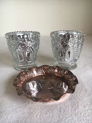 Buy Pair Of Moulded Silvered Glass Tea Light Holders & Small Copper Trinket Dish • 5£
