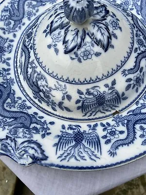 Buy Antique Minton Dragon & Bird Pattern (1853)  Unusual Large Blue & White Tureen • 32.50£