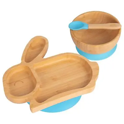 Buy 3pc Tiny Dining Blue Rabbit Bamboo Baby Feeding Set Kids Plate Bowl Spoon • 22£