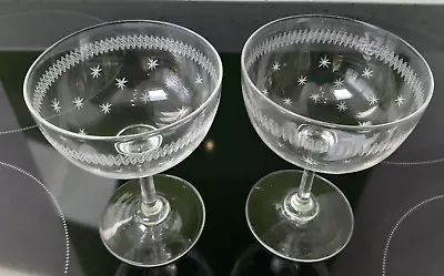 Buy Pair Of Antique Edwardian Champagne Glasses Coupes Etched Pattern • 9.99£