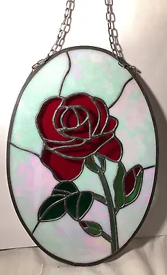 Buy 11.75” Oval Shaped Leaded Glass Rose Flower Suncatcher With Hanging Chain • 23.79£