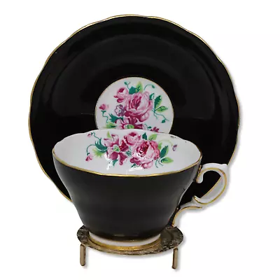 Buy Wellington China Black Gold And Roses Footed Tea Cup Saucer Set  Vintage 1920's • 15.34£