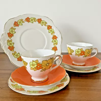 Buy Vintage Sutherland 60s  Tea Cups And Saucers Orange Yellow Flower Power • 20£