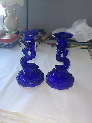 Buy Vintage Cobalt Blue Serpent Candlestick Matching Set, Koi • 127.57£