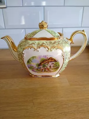 Buy Vintage SADLER Cube Teapot With Gold Gilding And Old Country Scene • 15£