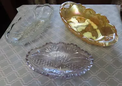 Buy 3 Vintage Glass Candy Dishes Depression Glass Carnival Glass Oval Wedding • 10.56£