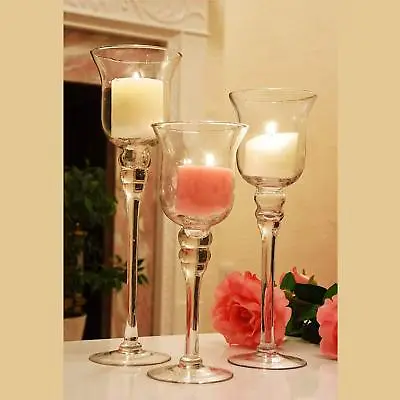 Buy Set Of 3 Tall Glass Large Candle Holders Centrepiece Tea-Light Wedding Candles T • 14.99£