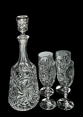 Buy Vintage Bohemian Czech Cut Crystal 13” Decanter W/ Wine Glasses Pinwheel Mint • 142.24£