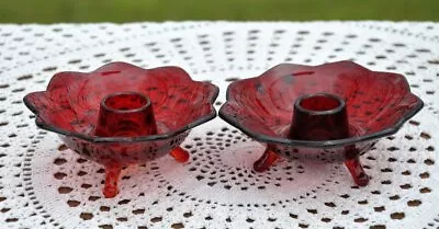 Buy 2 Vintage Fenton Ruby Red & Amberina LOTUS Candlestick Holders • 18.70£