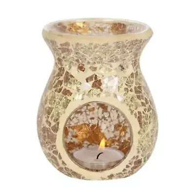 Buy Oil Burner And Wax Warmer Small Gold Crackle Glass Design With Free Soy Wax Melt • 10£