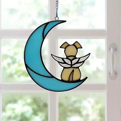Buy Stained Glass Window Hanging Panel, Dog On The Moon Ornament Handcrafted Pendant • 7.75£
